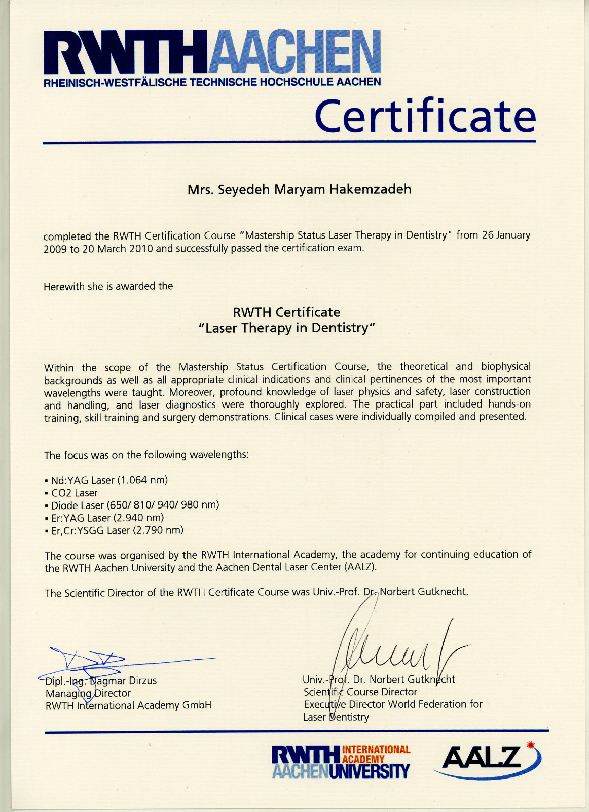 rwth certificate laser therapy in dentistery