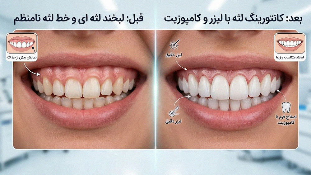 قبل و بعد نمای دندان ها در لبخند لثه ای و لبخند استاندارد